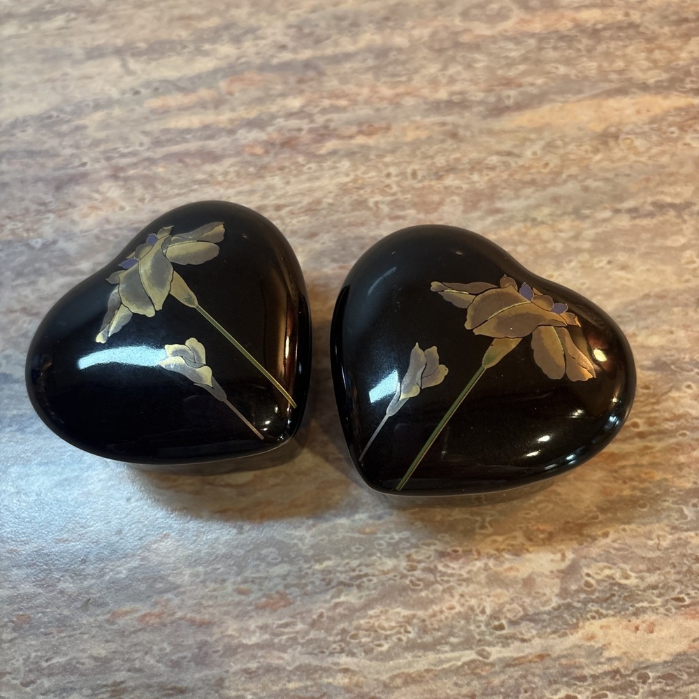 Set Of 2 VTG Otagiri black ceramic heart shaped trinket box Golden iris Pattern